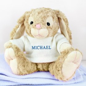 Bunny with Personalised T-Shirt - Name in Blue Embroidery