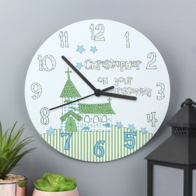Christening Personalised Clock- Whimsical Church - Blue
