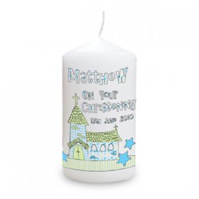 Candle Personalised - Whimsical Church Blue