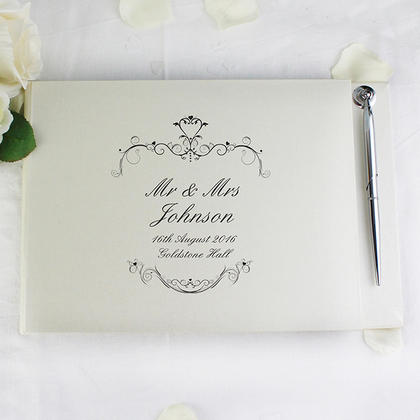 Ornate Swirl Personalised Guest Book with Pen - Silver