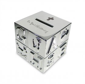 ABC Christening Engraved Cube Money Box - Nickel Plated