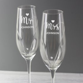 Mr & Mrs Personalised Hand Glass Flutes - Set of 2 & Gift Box