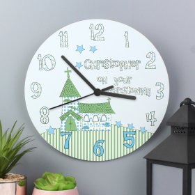 Christening Personalised Clock- Whimsical Church - Blue