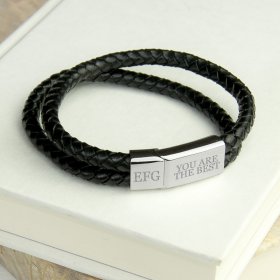 Dual Leather Woven Personalised Men's Bracelet - Black