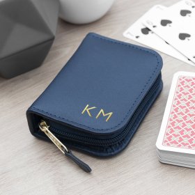 Poker Playing Cards Personalised Leather Case - Navy Blue