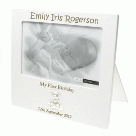 1st Birthday Teddy Personalised Engraved Photo Frame - White