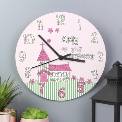 Christening Personalised Clock- Whimsical Church - Pink