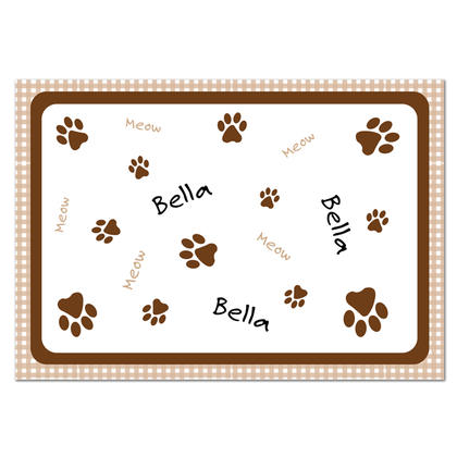 Cat Gingham Personalised Food Mat - Brown