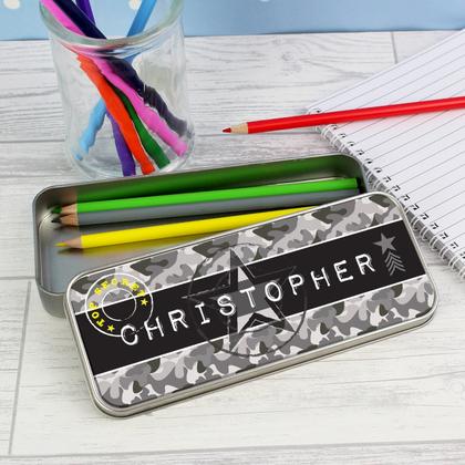 Army Camo Personalised Pencil Tin Box with Pencil Crayons