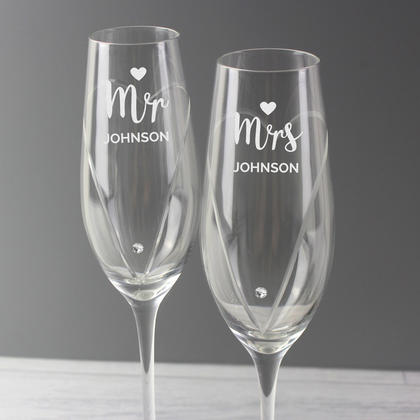 Mr & Mrs Personalised Hand Glass Flutes - Set of 2 & Gift Box