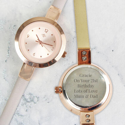 Ladies Personalised Rose Gold Watch with Faux Leather Strap